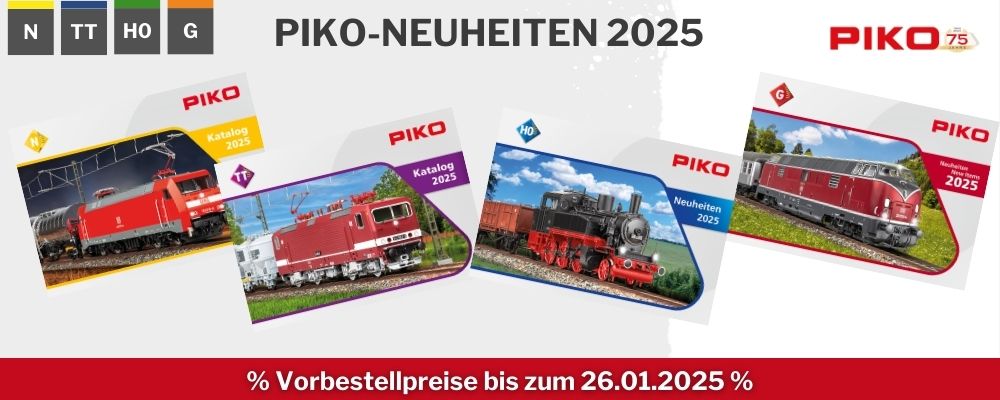 Piko Modellbahn-Neuheiten 2025 für die Spuren N, TT, H0 und G. Jetzt zu Vorbestellpreisen bei mein-MBS.de bestellen und sicher und bequem nach Hause geliefert bekommen.