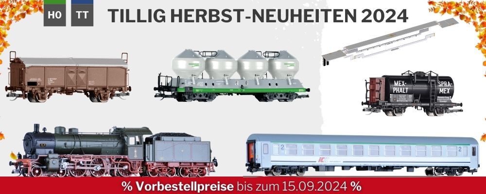 Tillig Herbst Neuheiten 2024 für die Modellbahn Spurweite TT und Spur H0, wie auch Schmalspur. Jetzt bequem und günstig Vorbestellen und sicher und bequem nach Hause liefern lassen von mein-MBS.de